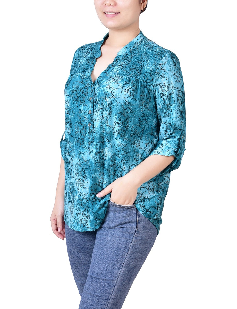  NY Collection Petite 3/4 Roll Tab Sleeve Smocked-Yoke Top - Etch Dark Blue - Bonton