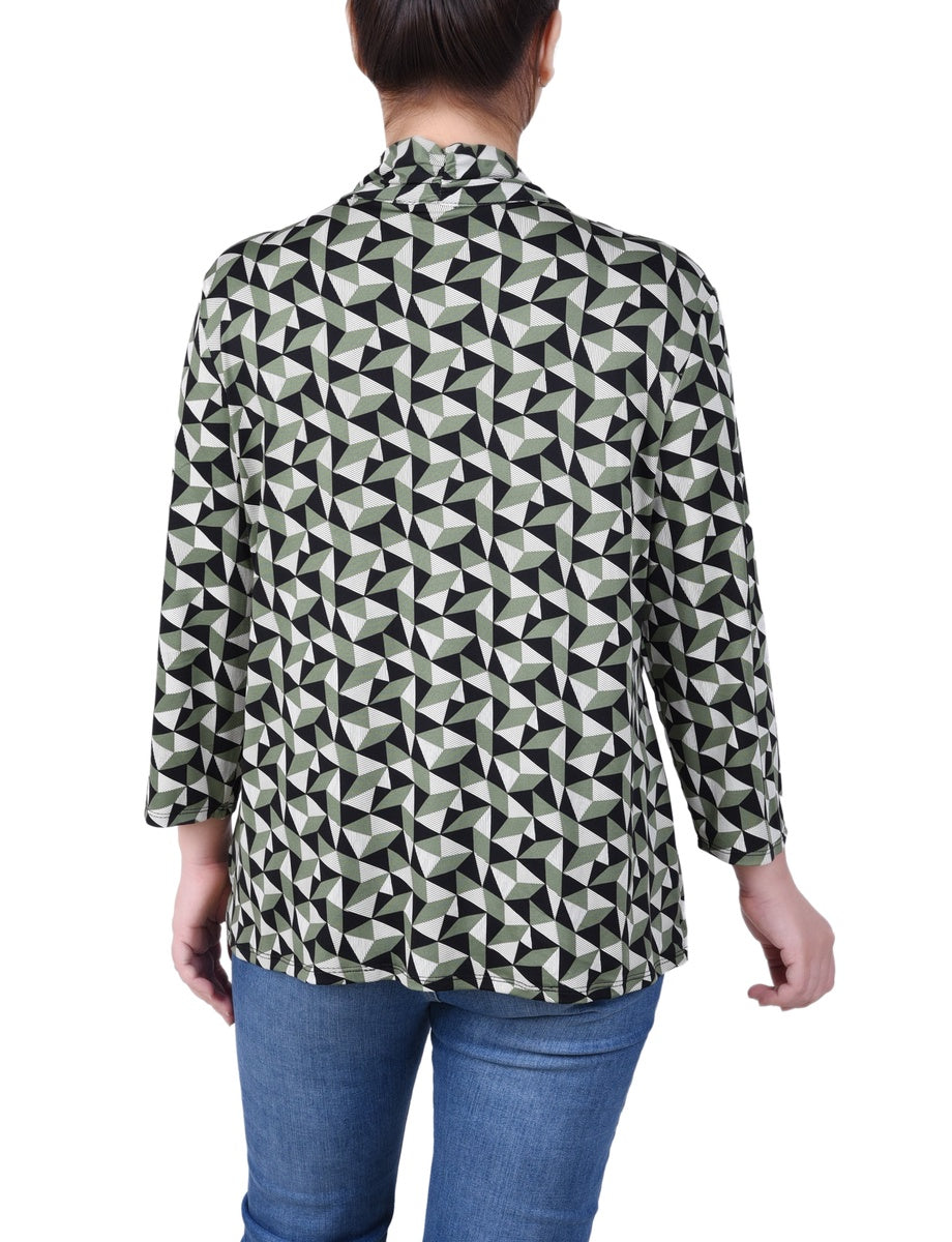  NY Collection Petite Puff Print 3/4 Sleeve Two-Fer Top - Jester Red Ivory Geo - Bonton