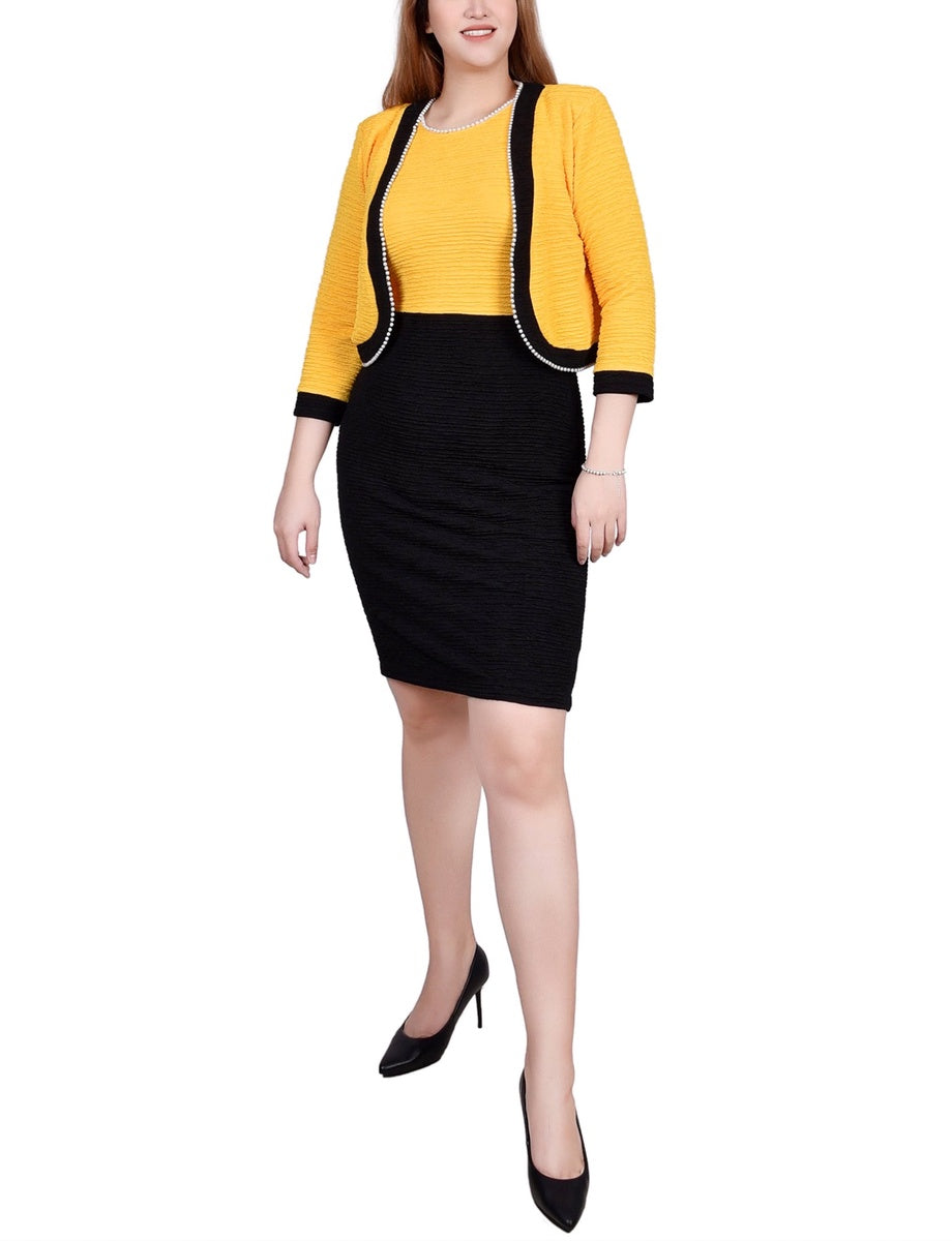  NY Collection Petite 3/4 Sleeve Textured Knit 2 Piece Dress Set - Black Lemon - Bonton