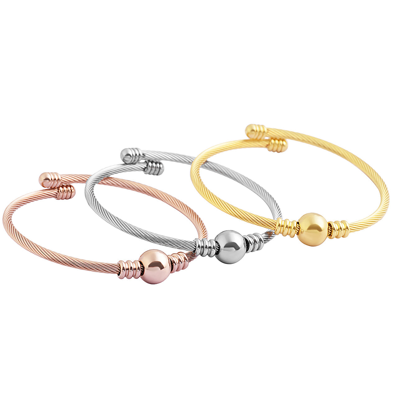  Gemesis Jewels by Edforce Ball Charm Open Cuff 3 Tone Bangle Set - Tri-Color - Bonton