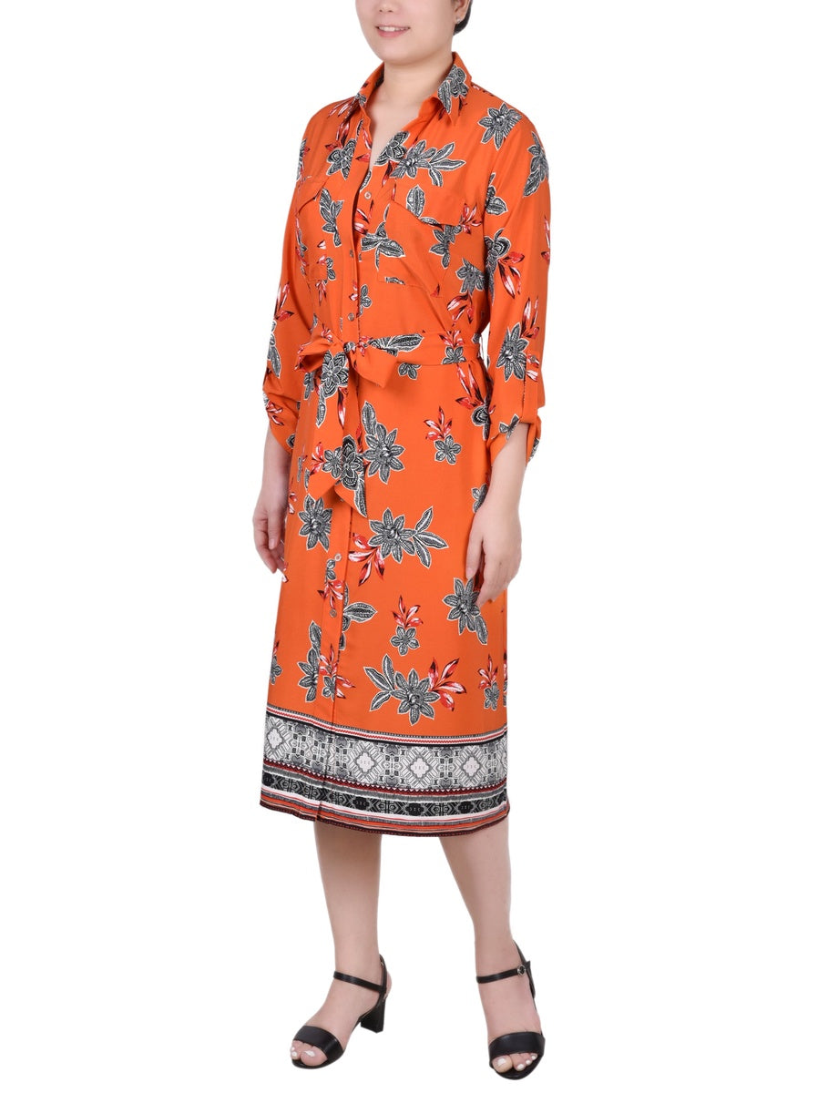  NY Collection 3/4 Roll Tab Sleeve Belted Shirtdress - Black Border - Bonton