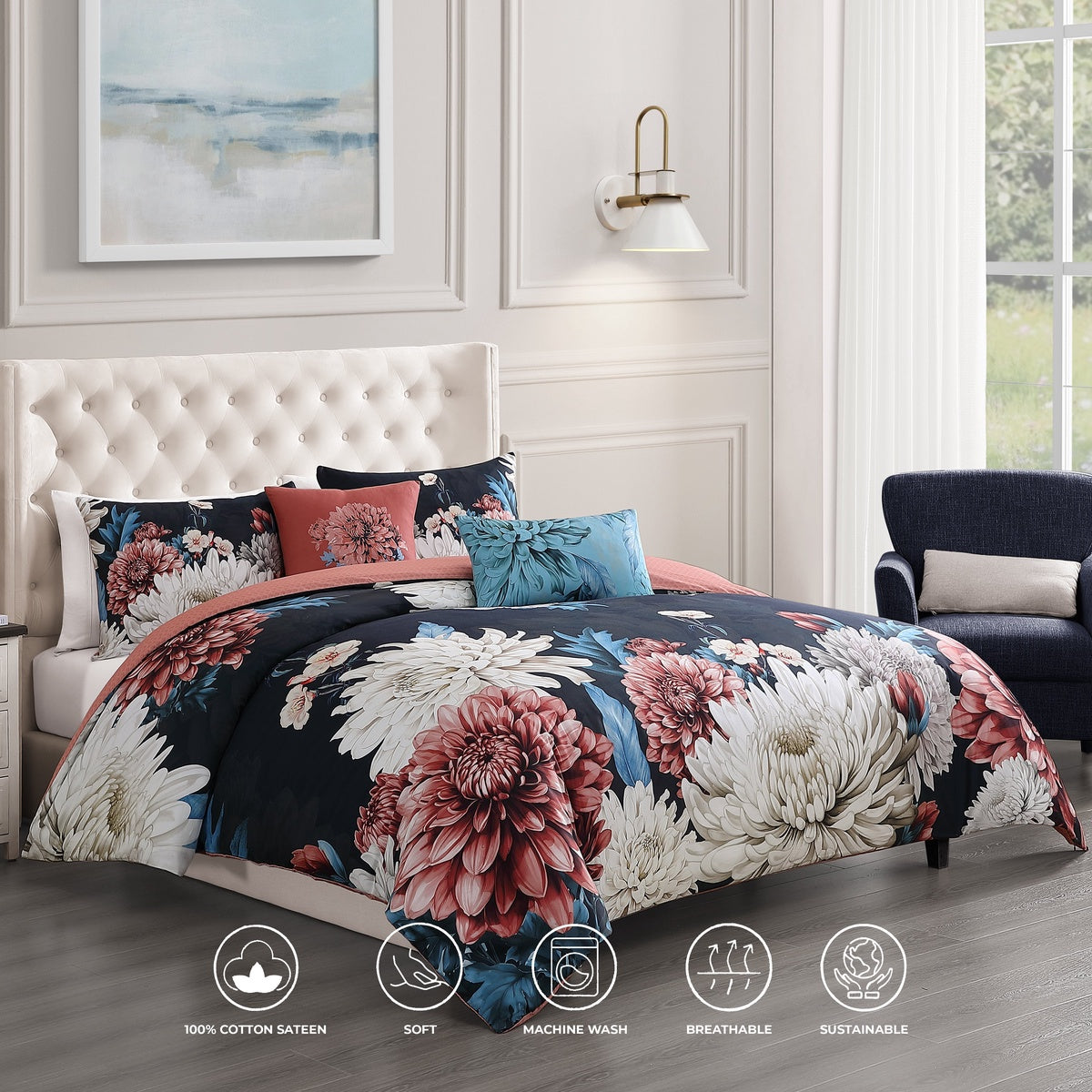  Bebejan Bebejan Navy Mums 5 Piece Reversible Comforter Set - QUEEN - Bonton