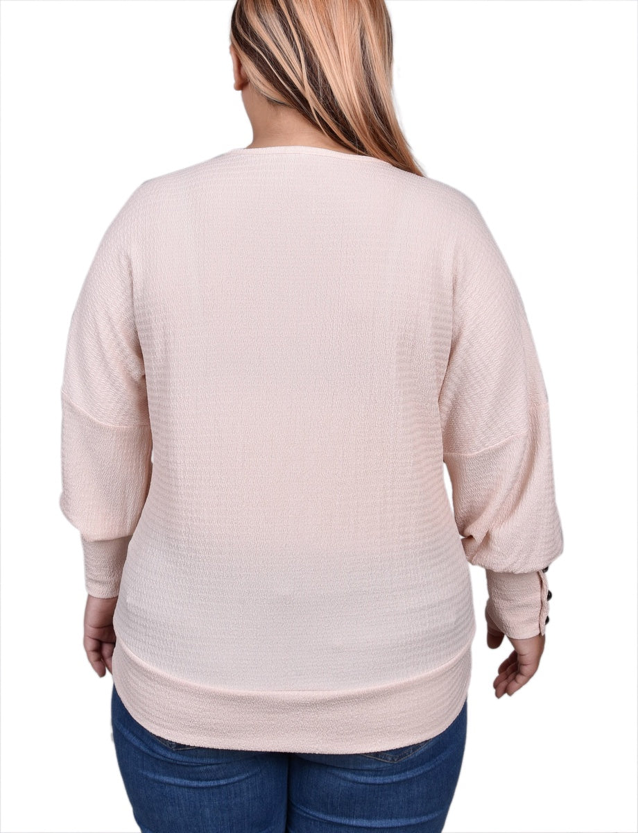  NY Collection Plus Size Long Sleeve Textured Knit Top - Shell Pink - Bonton