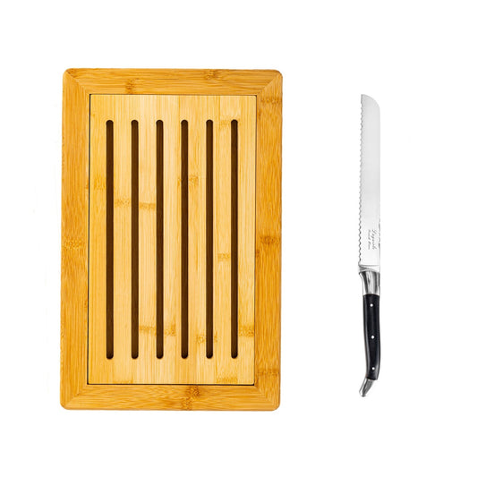 Laguiole Black Pakkawood Bread Knife With Bamboo Bread Board