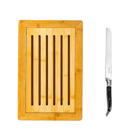 Laguiole Black Pakkawood Bread Knife With Bamboo Bread Board