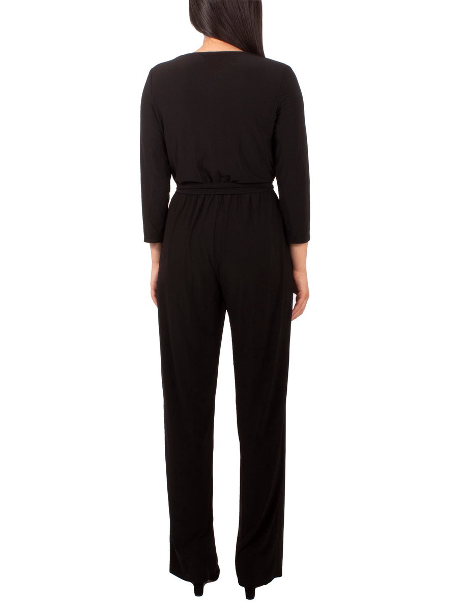  NY Collection Petite 3/4 Sleeve Belted Jumpsuit - Black - Bonton