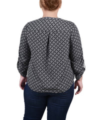 Plus Size 3/4 Roll Tab Sleeve Y-Neck Blouse