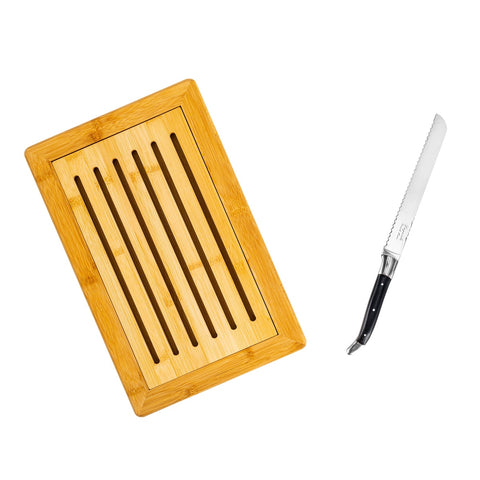 Laguiole Black Pakkawood Bread Knife With Bamboo Bread Board