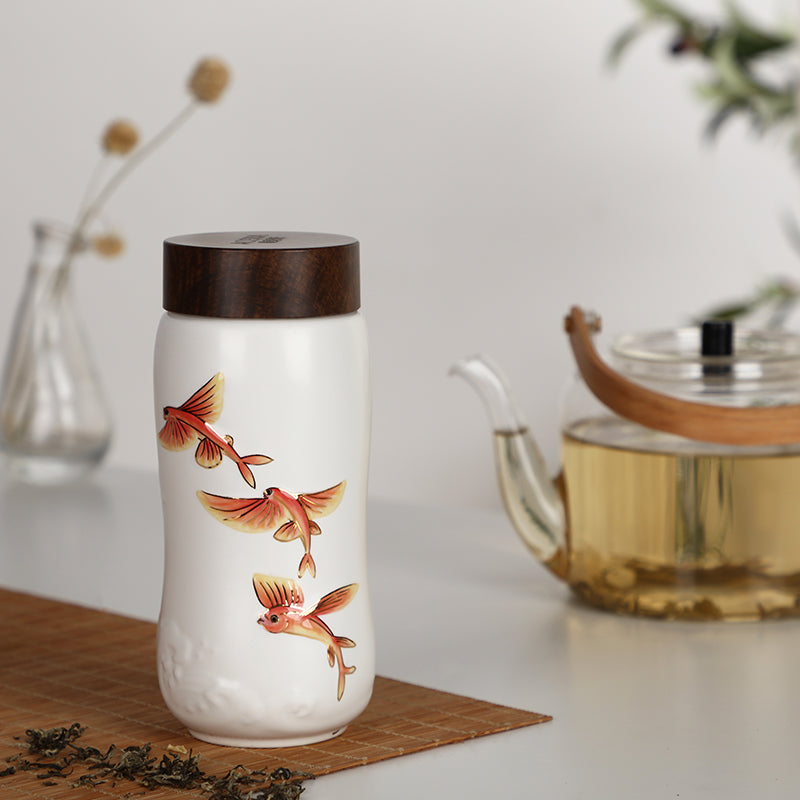  Acera The Joy of Fish Travel Mug ( Double Wall ) - White with Red Fishes (Hand- painted) - Bonton