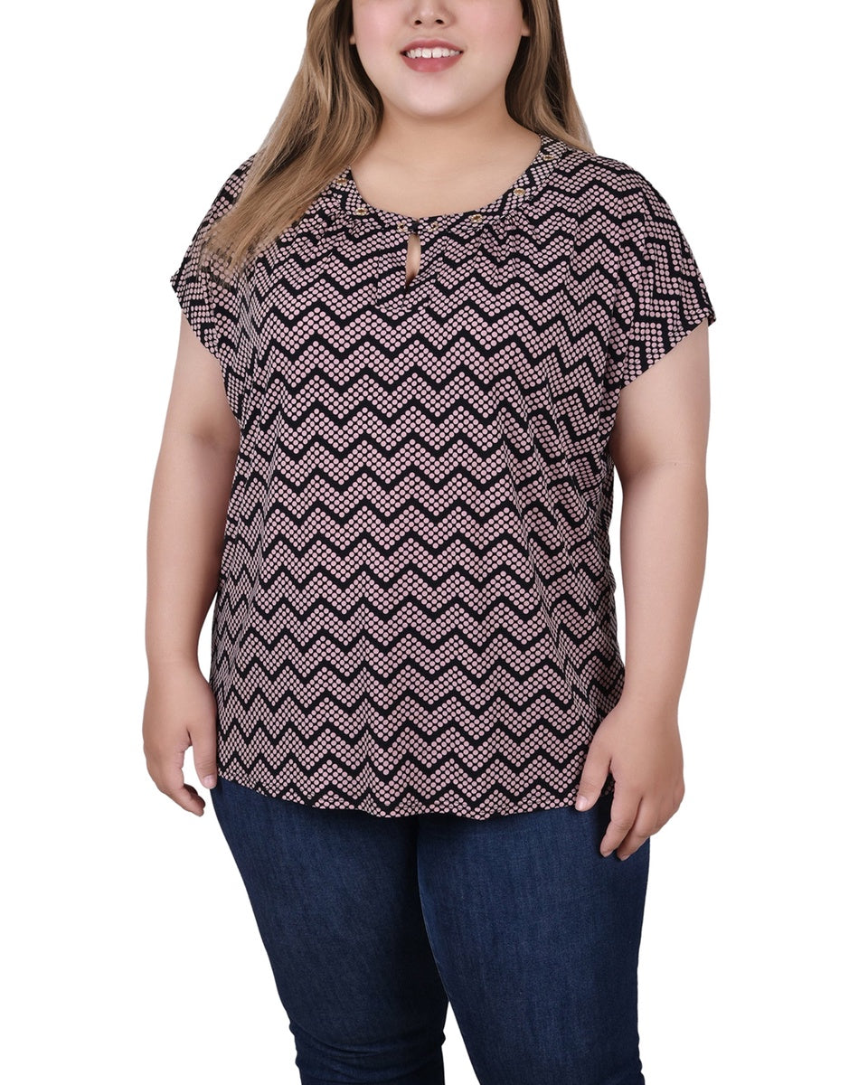  NY Collection Plus Size Extended Sleeve Top With Grommets - Black Blue Taupe Abstract - Bonton