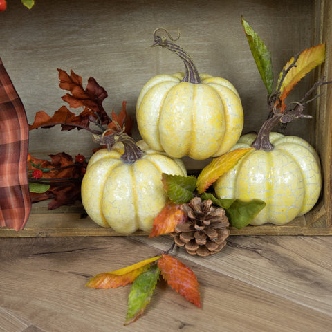 Antiqued Crackle Finish Fall Harvest Pumpkins - 4" - Set of 3 - Yellow