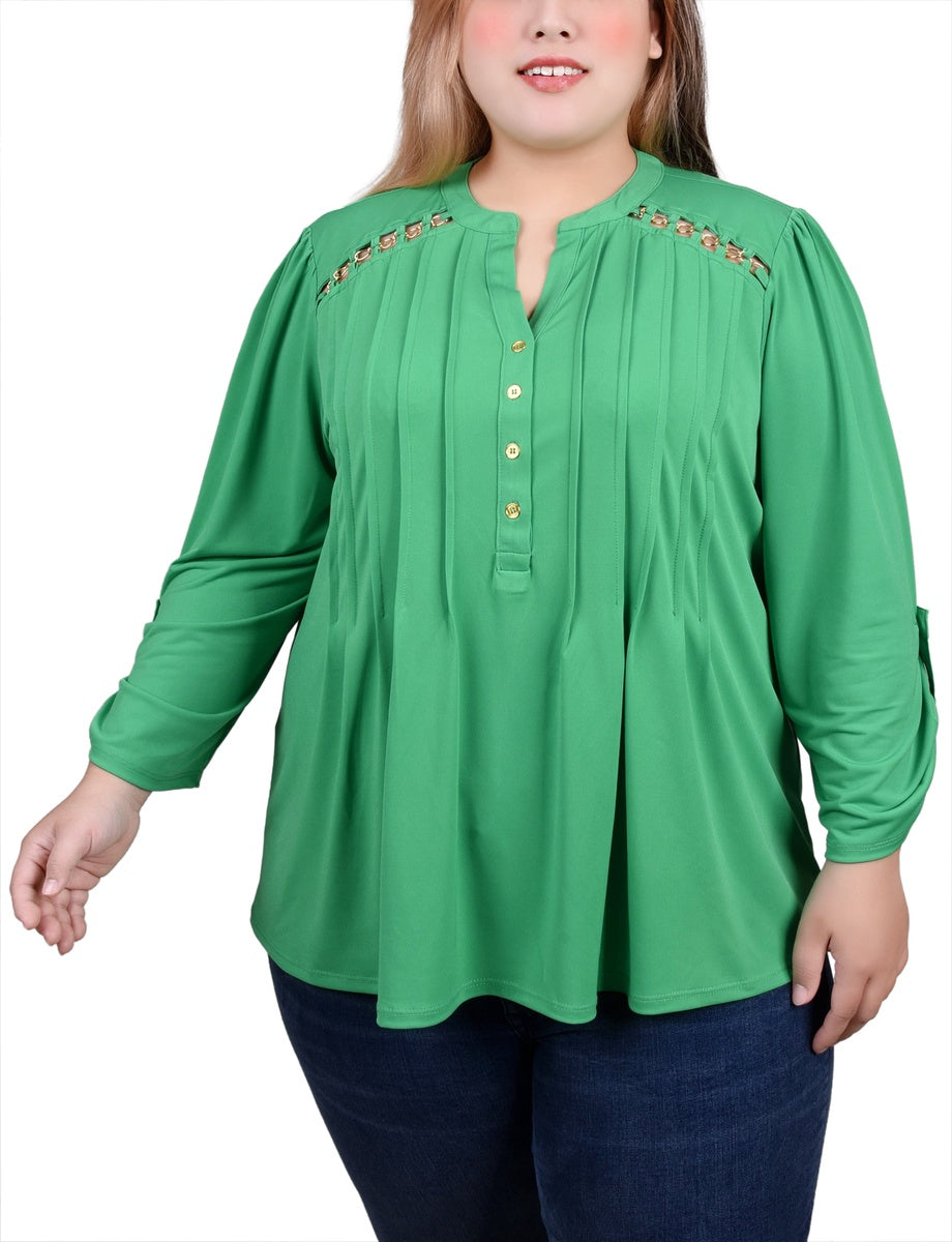  NY Collection Plus Size Long Sleeve Pintuck Front Top With Chain Details - Animal Lilas Dot - Bonton