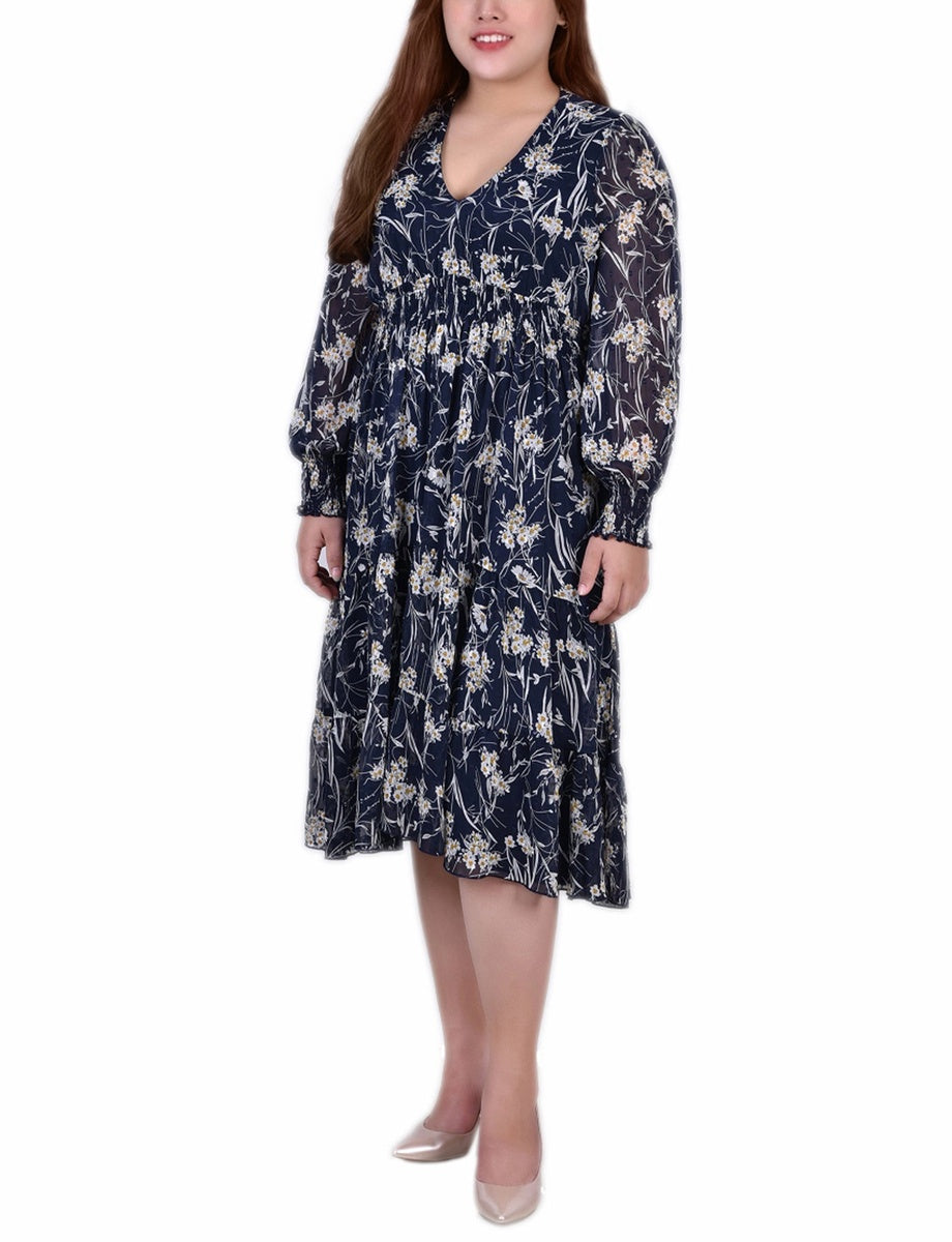  NY Collection Plus Size Long Sleeve Clip Dot Chiffon Dress With Smocked Waist and Cuffs - Navy Floral - Bonton