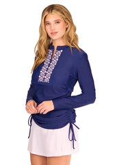 Navy Embroidered Convertible Ruched Rashguard