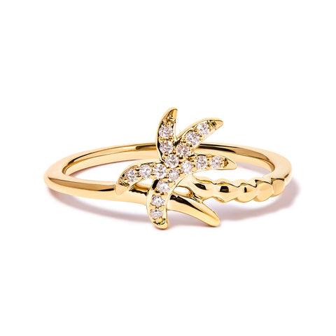 10K Yellow Gold 1/10 Cttw Diamond  Palm Tree Statement Ring (H-I Color, I1-I2 Clarity) - Ring Size 6