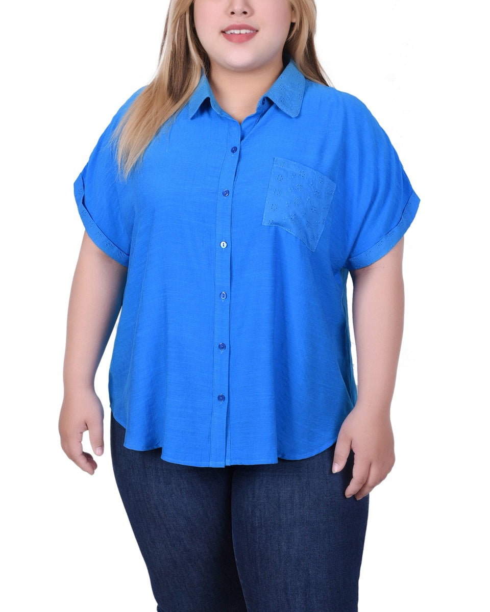  NY Collection Short Extended Sleeve Blouse - Blue - Bonton