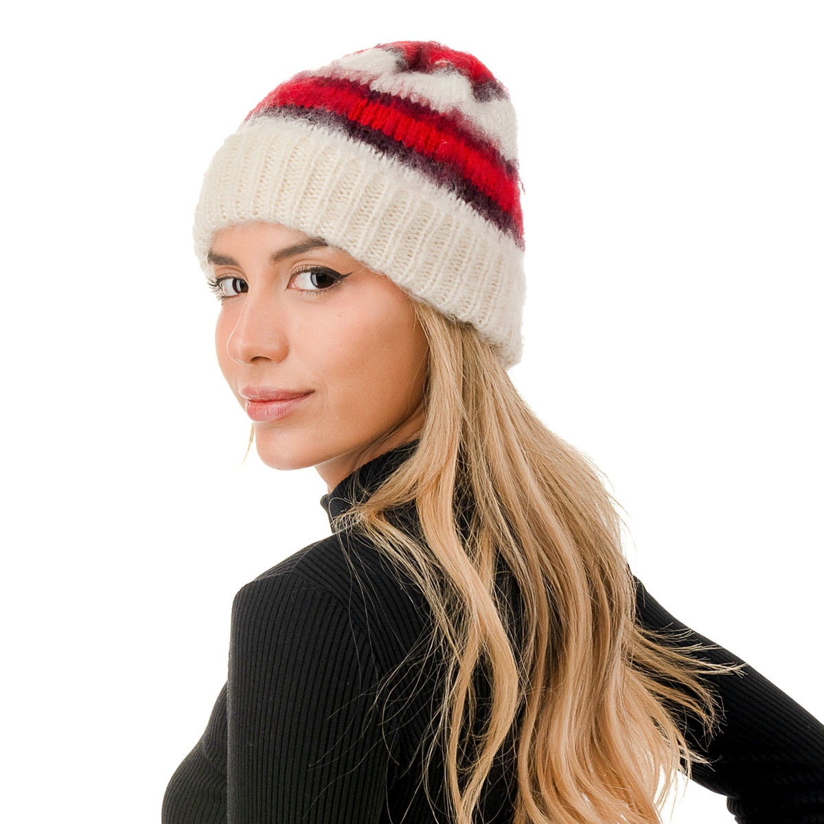  Marcus Adler Stripe Fuzzy Hair Beanie - Red - Bonton