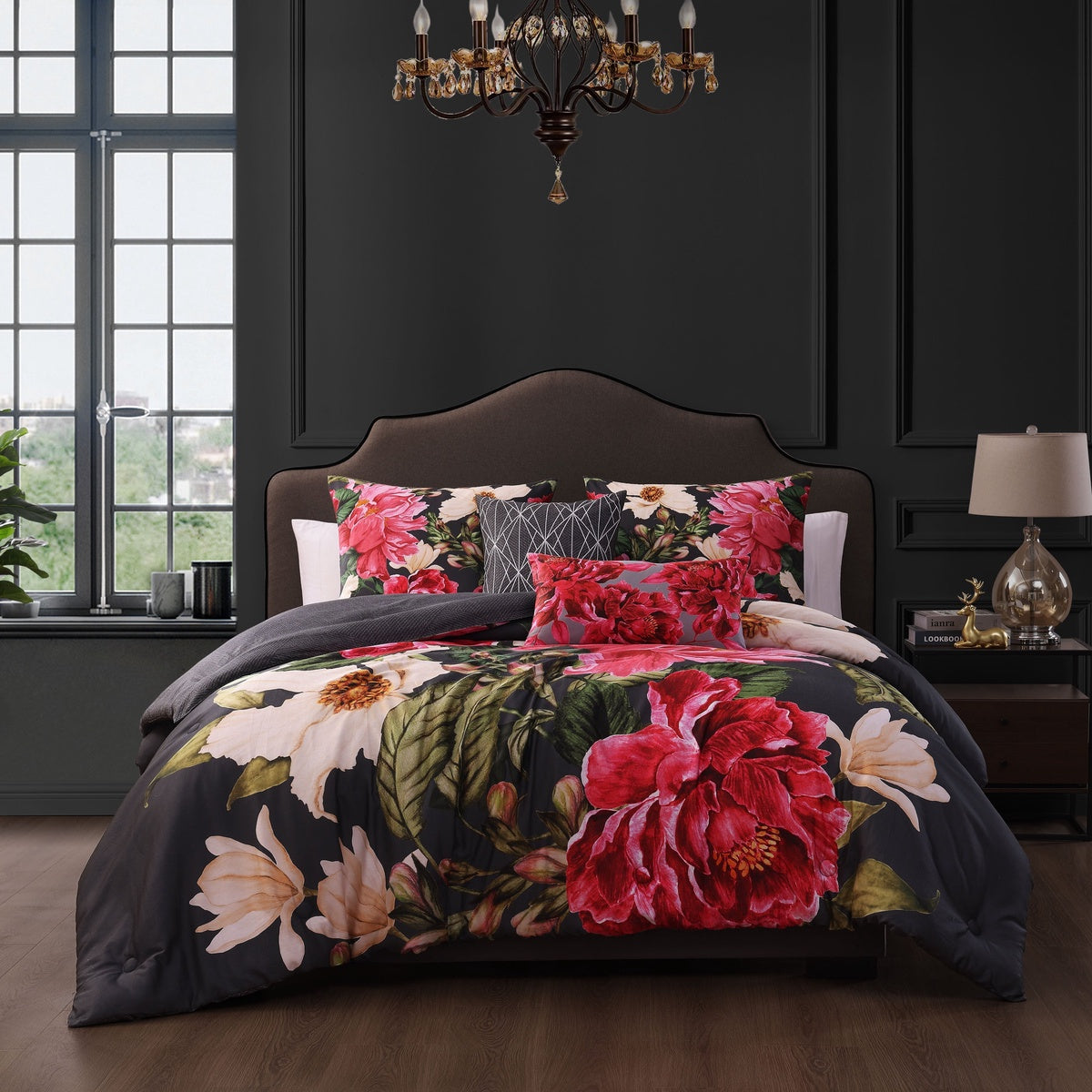  Bebejan Flower Garland 200 Thread Count 100% Cotton Sateen 5 Piece Reversible Comforter Set - QUEEN - Bonton