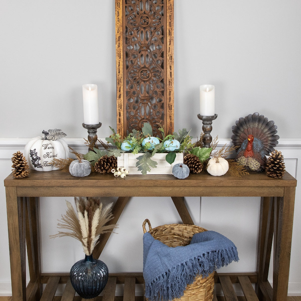  Northlight Fall Harvest Foliage and Pumpkins in Wooden Planter - 18