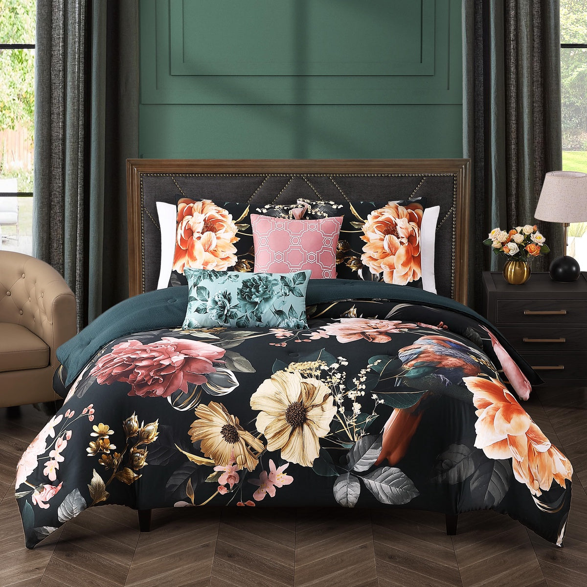  Bebejan Bebejan Botanical Birds 5 Piece Reversible Comforter Set - QUEEN - Bonton