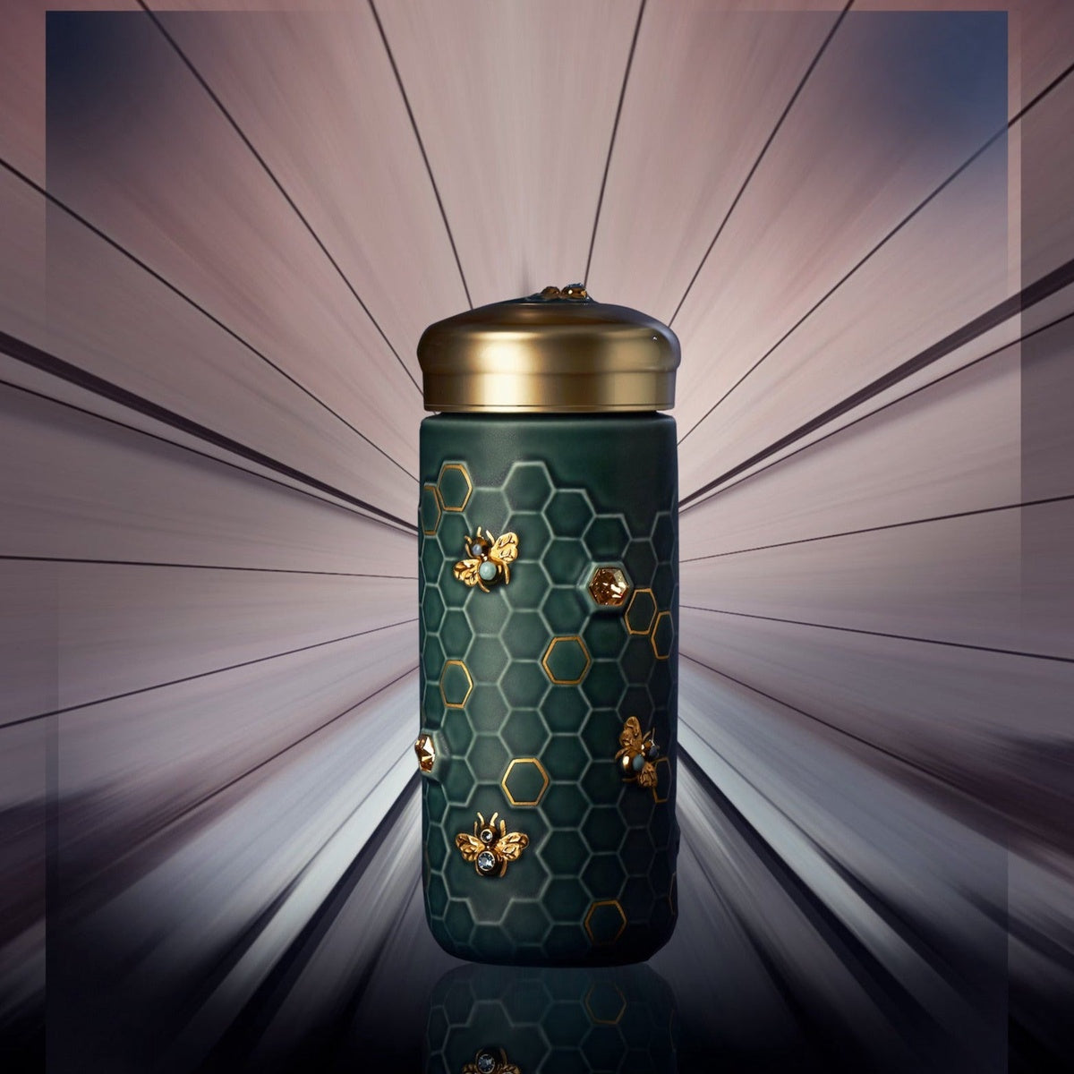  Acera Honey Bee Travel Mug With Crystals - Matte Blue and Hand Painted Gold Bees with Crystals - Bonton