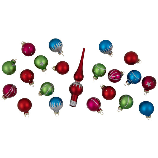 Set of 20 Glass Christmas Decorations and Tree Topper 1.25" (35mm)