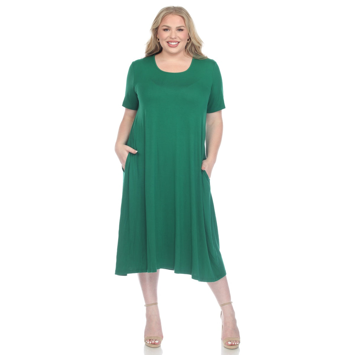  White Mark Plus Size Short Sleeve Pocket Swing Midi Dress - 3X - Bonton