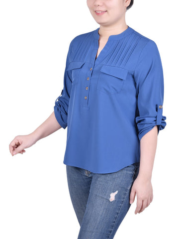 Long Tab-Sleeve Blouse With Pockets