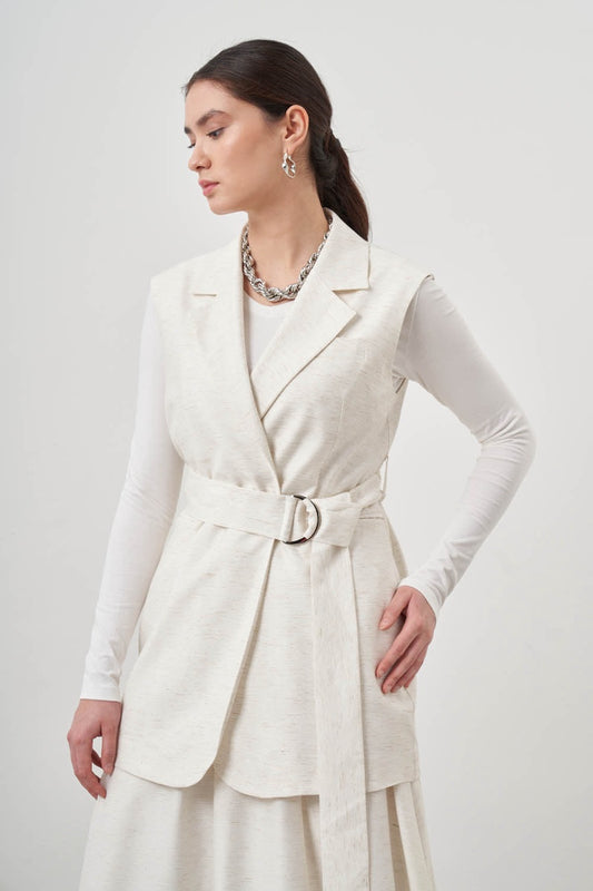 Mizalle-Belted Vest-Ecru