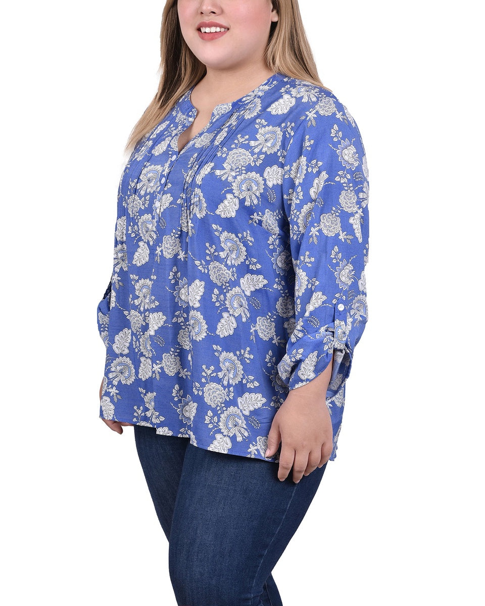  NY Collection Plus Size Long Roll Tab Sleeve Pintuck Front Blouse - Blue Chevron - Bonton