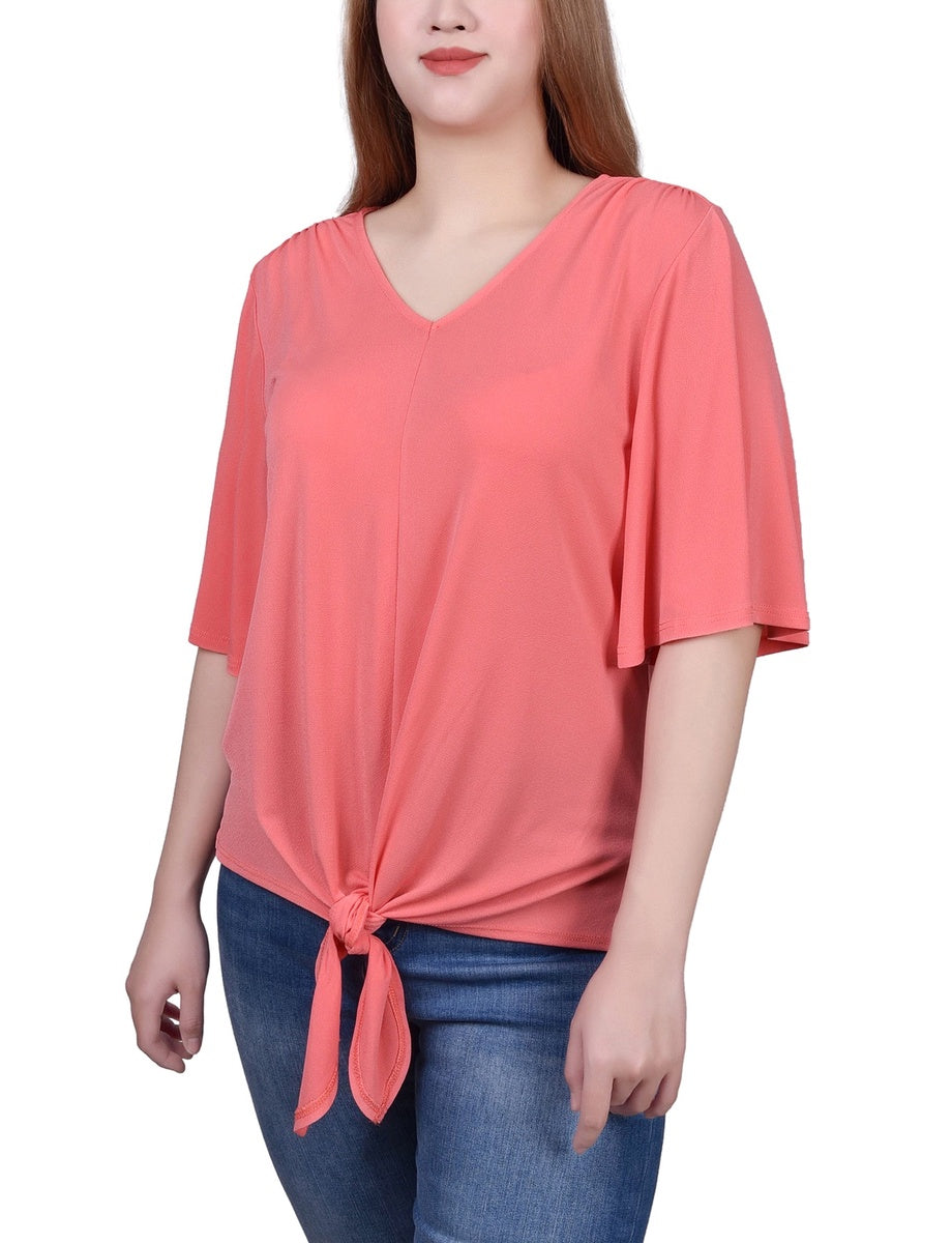  NY Collection Petite Elbow Sleeve Tie-Front Top - Blue Heron - Bonton