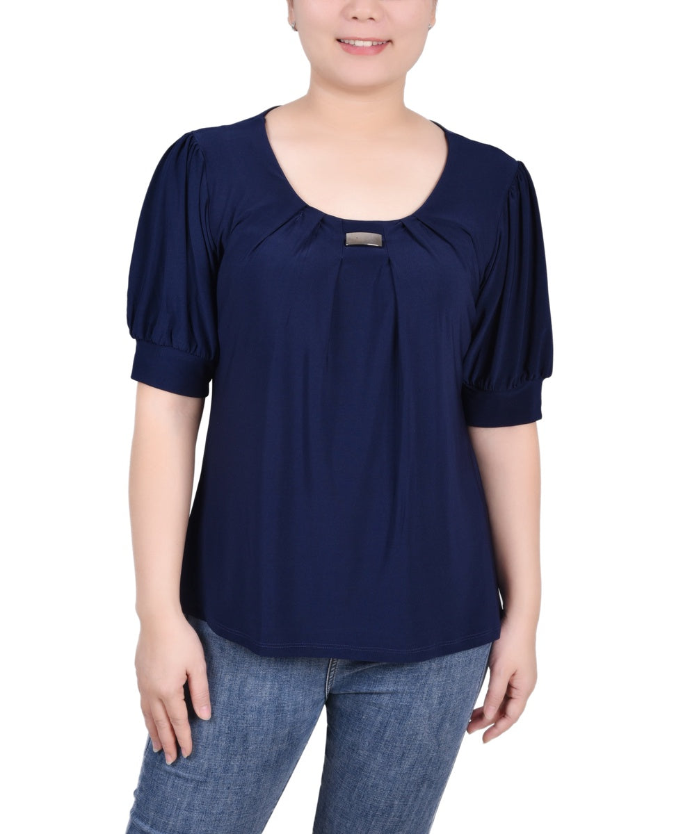  NY Collection Short Sleeve Balloon Sleeve Top With Hardware - Black - Bonton