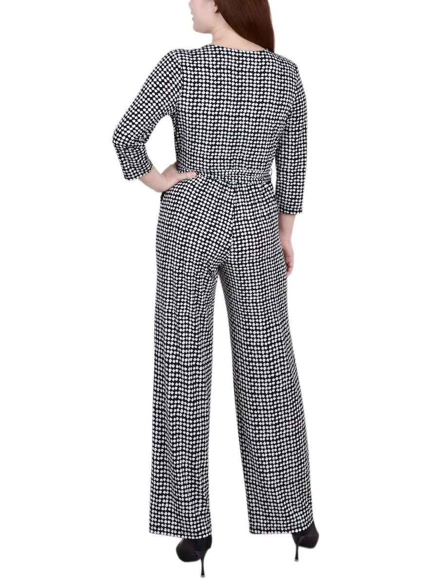  NY Collection Petite 3/4 Sleeve Belted Jumpsuit - Black - Bonton