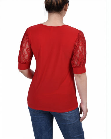 Petite Short Puff Sleeve Top With Lace Sleeves and Yoke