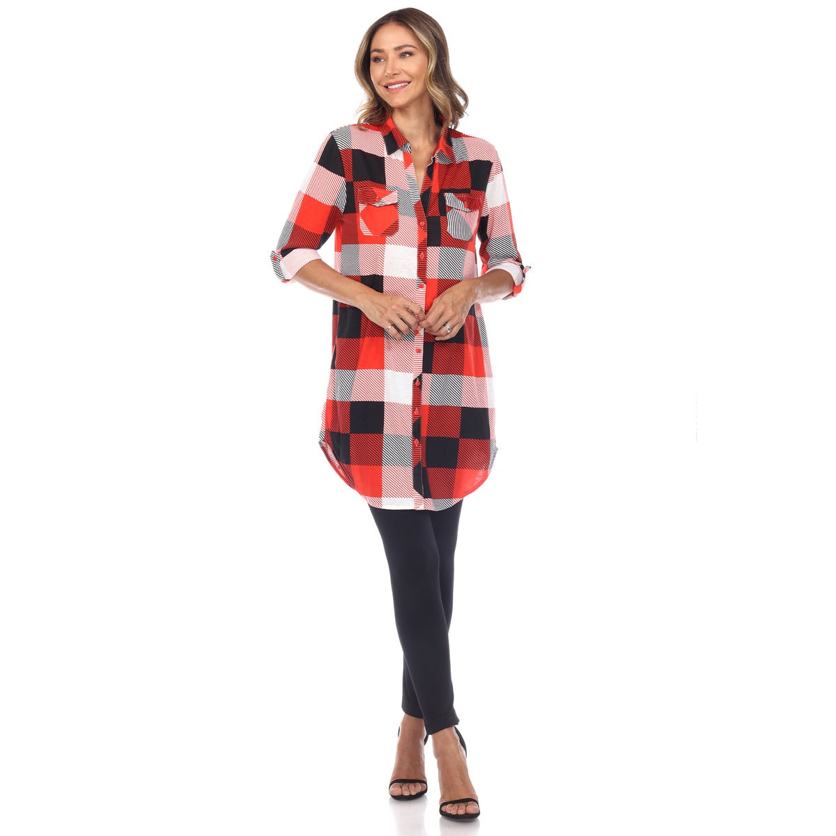  White Mark Women's Plaid Button Down Tunic Top - S - Bonton