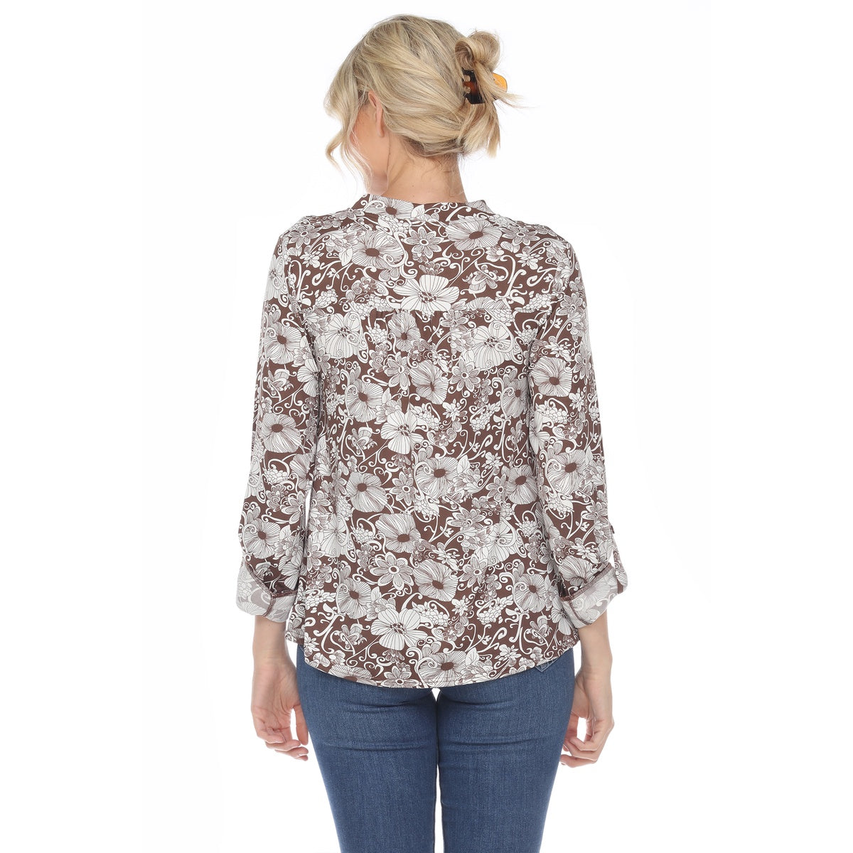  White Mark Women's Pleated Long Sleeve Floral Print Blouse - S - Bonton