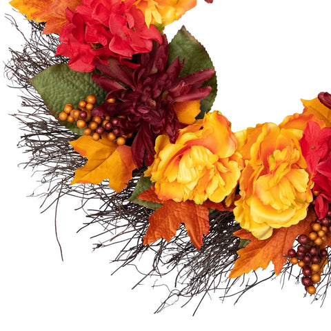 Peony and Mum Artificial Fall Harvest Wreath  24-Inch
