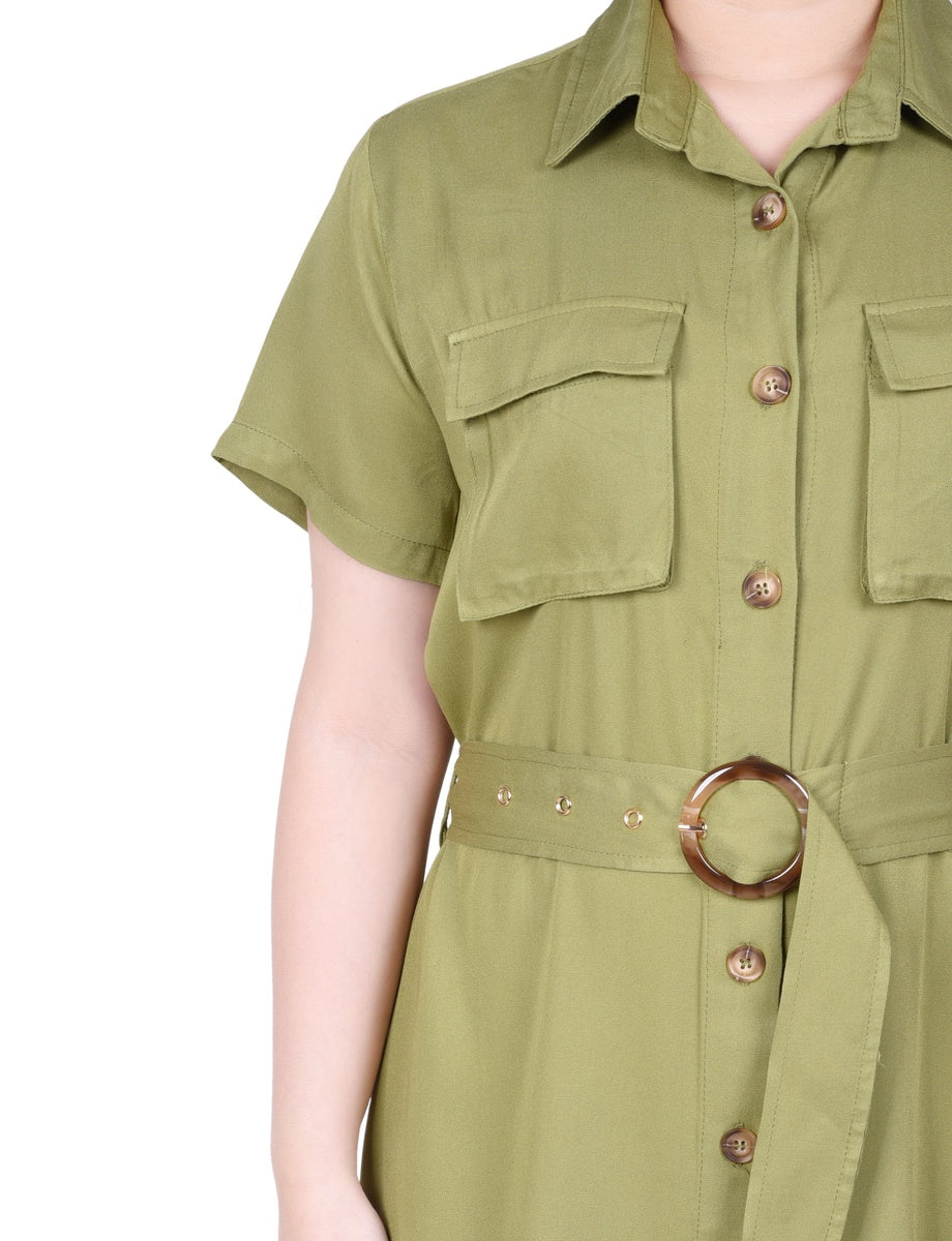  NY Collection Petite Short Sleeve Safari Style Dress - Olive Green - Bonton