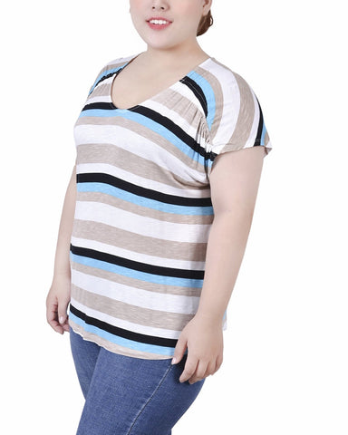 Plus Size Short Sleeve Striped v Neck Top