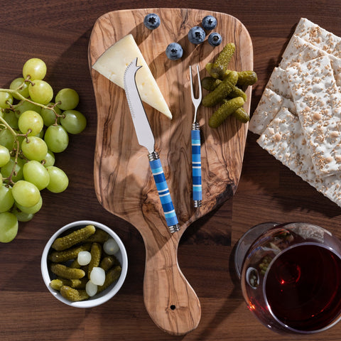 Jubilee Cheese Knife, Fork, and Olive Wood Board Set - Shades of Denim