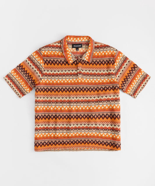 Jacquard Polo Short Sleeve Button Down Shirt - Brown