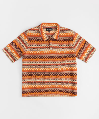 Jacquard Polo Short Sleeve Button Down Shirt - Brown