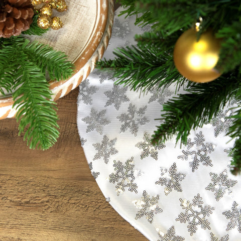 20" White and Silver Sequin Snowflake Mini Christmas Tree Skirt