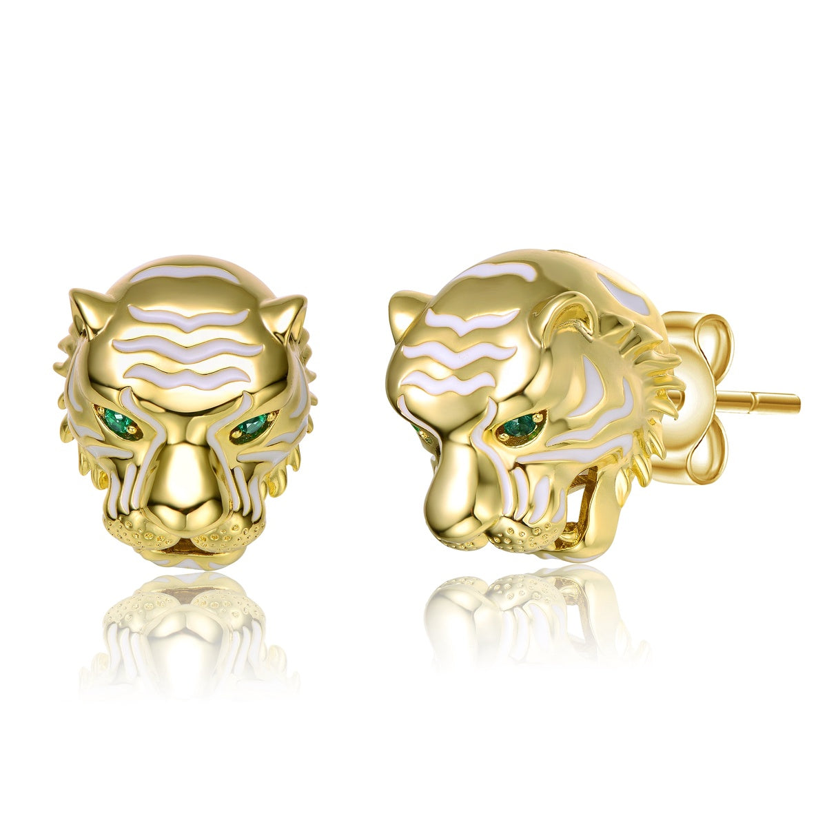  Rachel Glauber RG 14k Yellow Gold Plated With Emerald Cubic Zirconia White Enamel Roaring Tiger Head 3D Stud Earrings - Gold - Bonton