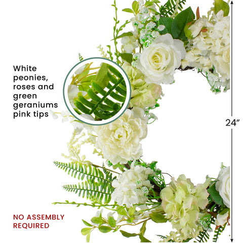 Peony and Rose Artificial Spring Wreath  White and Green - 24-Inch
