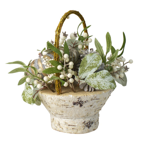 13" Green and Gold Pumpkin and Leaves Artificial Thanksgiving Basket