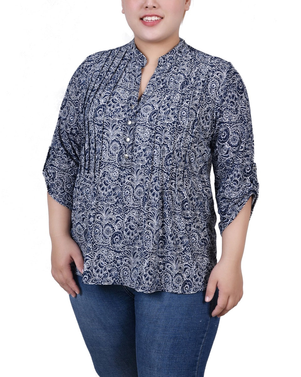  NY Collection Plus Size 3/4 Roll Tab Sleeve Y Neck Top - Grey Floral - Bonton