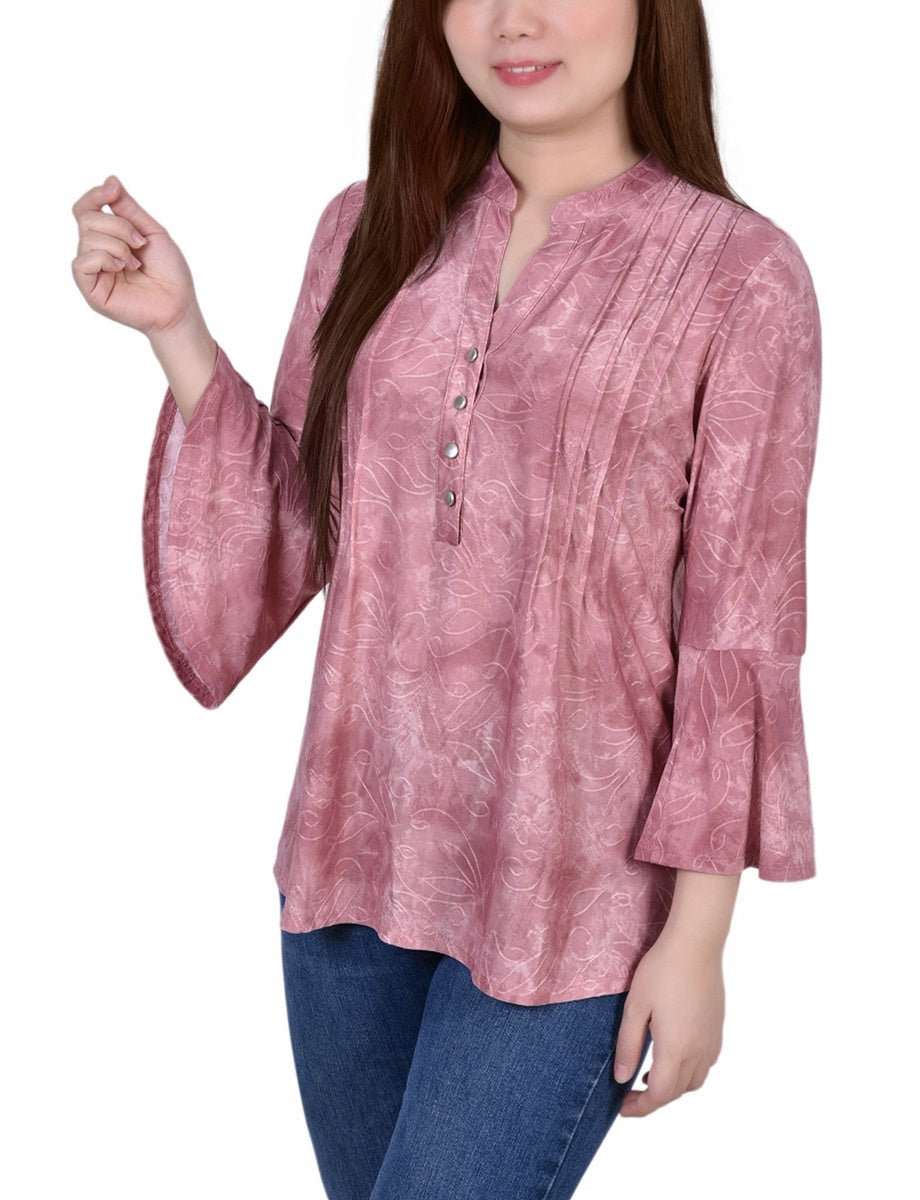  NY Collection 3/4 Bell Sleeve Pleat Front Y Neck Top - Mauve Tie Dye - Bonton