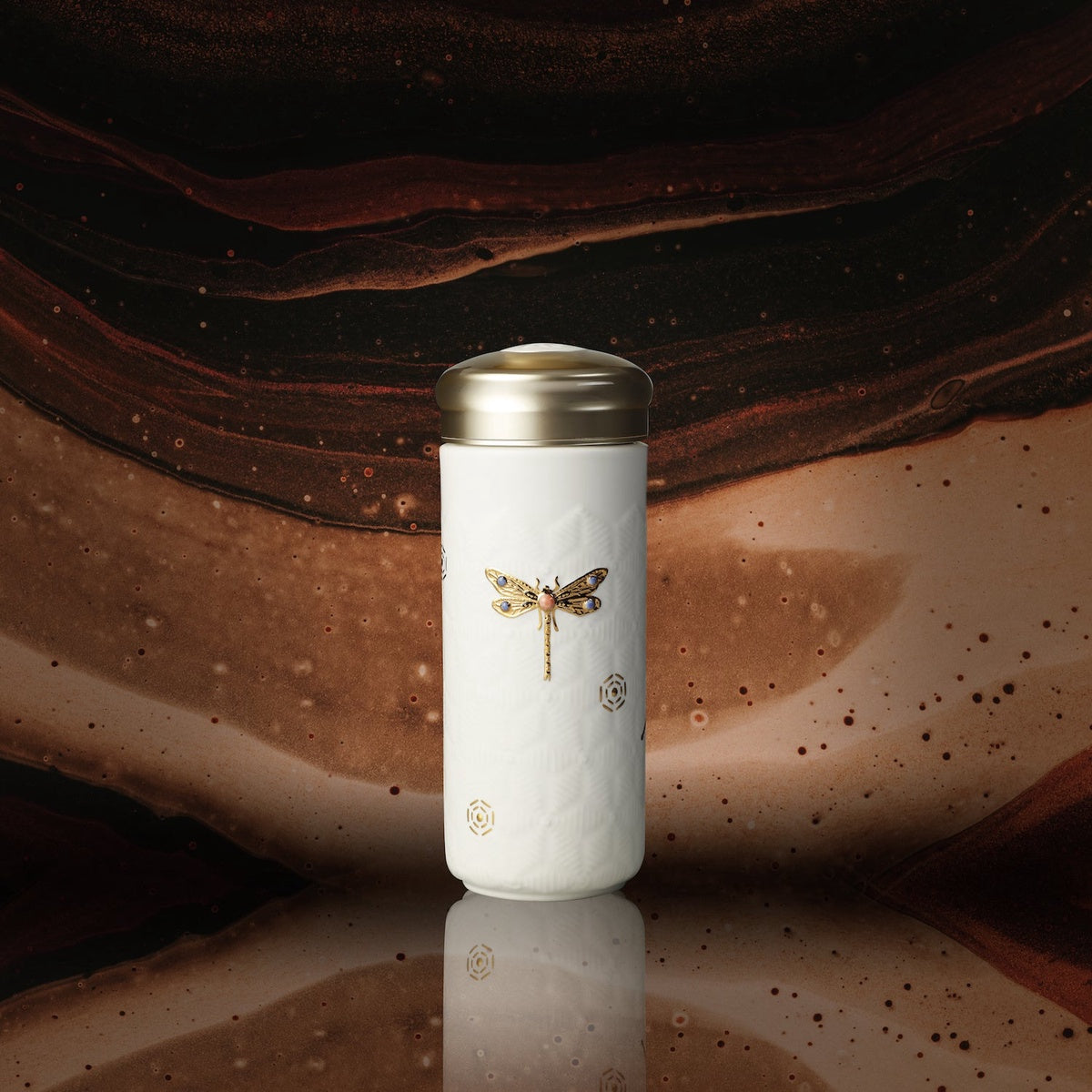  Acera Dragonfly Serenity Travel Mug With Crystals - White and Hand Painted Gold with Crystals - Bonton