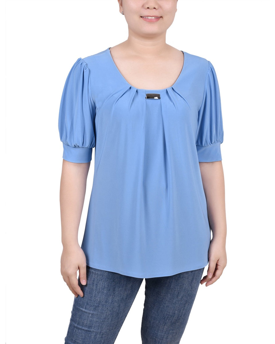  NY Collection Short Sleeve Balloon Sleeve Top With Hardware - Samoan Sun - Bonton